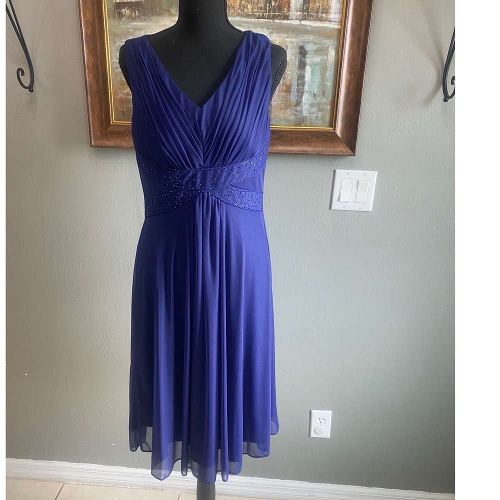 Jessica Howard Evenings Royal Blue Beaded Pleated Chiffon Cocktail‎ Dress Size 8